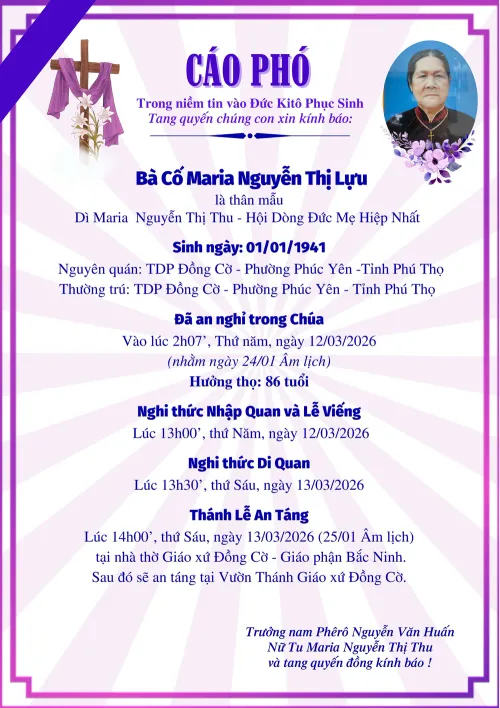 Cáo phó Bà cố Maria Nguyễn Thị Lựu  – thân mẫu Dì Maria Nguyễn Thị Thu (Hội Dòng Đức Mẹ Hiệp Nhất)